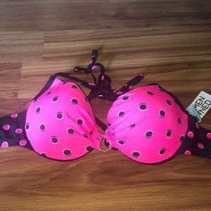 Pink and black polka dot bikini top